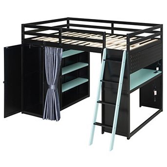 Merax Full Size Wood Loft Bed with,Wardrobe,Shelves,Blackout Curtains