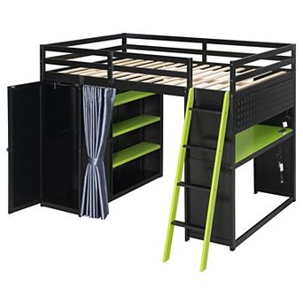 Merax Full Size Wood Loft Bed with,Wardrobe,Shelves,Blackout Curtains