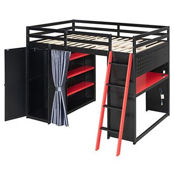 Merax Full Size Wood Loft Bed with,Wardrobe,Shelves,Blackout Curtains