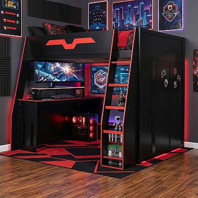 Merax Full Size Wood Loft Bed with Desk, Multi-storage Shelves and RGB Light