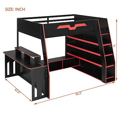 Merax Full Size Wood Loft Bed with Desk, Multi-storage Shelves and RGB Light