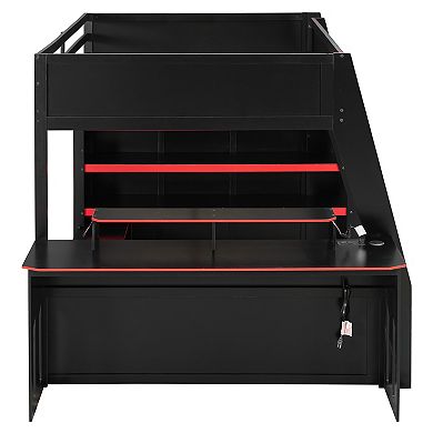 Merax Full Size Wood Loft Bed with Desk, Multi-storage Shelves and RGB Light