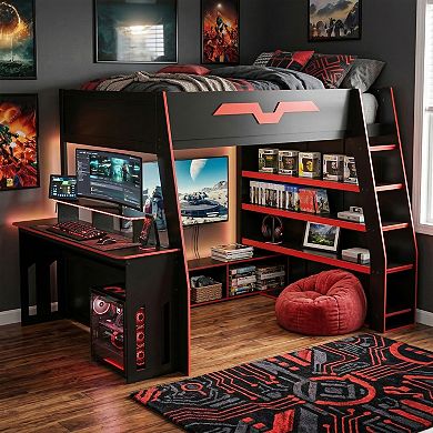 Merax Full Size Wood Loft Bed with Desk, Multi-storage Shelves and RGB Light