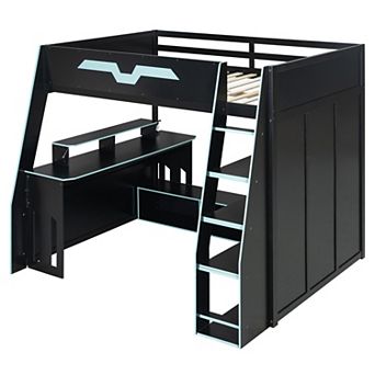 Merax Full Size Wood Loft Bed with Desk, Multi-storage Shelves and RGB Light
