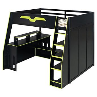 Merax Full Size Wood Loft Bed with Desk, Multi-storage Shelves and RGB Light