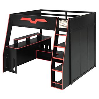 Merax Full Size Wood Loft Bed with Desk, Multi-storage Shelves and RGB Light