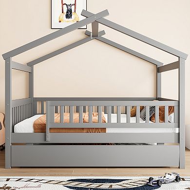 Merax Full Size Wooden House Bed with Twin Trundle