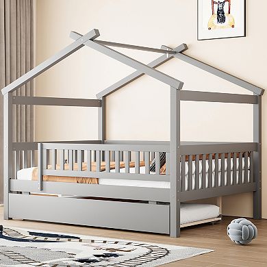 Merax Full Size Wooden House Bed with Twin Trundle