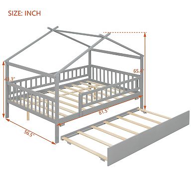 Merax Full Size Wooden House Bed with Twin Trundle