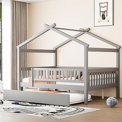 Merax Full Size Wooden House Bed with Twin Trundle