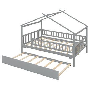 Merax Full Size Wooden House Bed with Twin Trundle