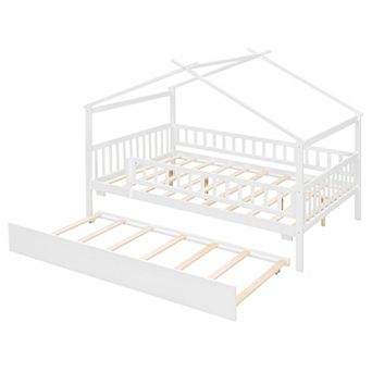 Merax Full Size Wooden House Bed with Twin Trundle