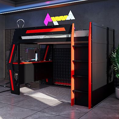 Merax Full Size Gaming Loft Bed with Integrated Desk, Smart RGB LED Lights and USB Ports