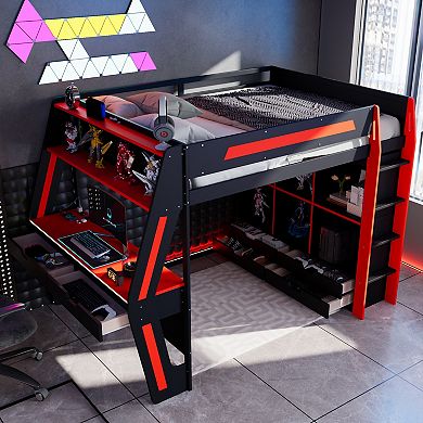 Merax Full Size Gaming Loft Bed with Integrated Desk, Smart RGB LED Lights and USB Ports