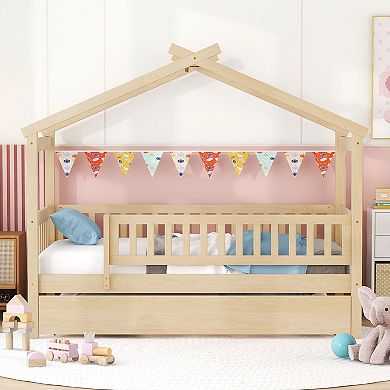 Merax Twin Size Wooden House Bed with Twin Size Trundle
