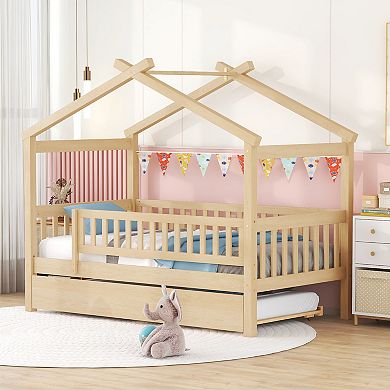Merax Twin Size Wooden House Bed with Twin Size Trundle