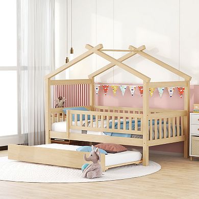 Merax Twin Size Wooden House Bed with Twin Size Trundle