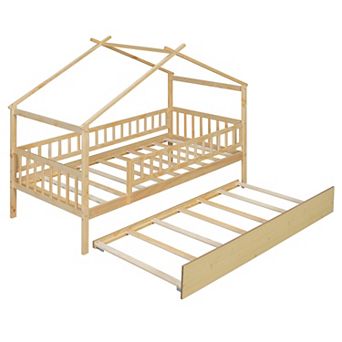 Merax Twin Size Wooden House Bed with Twin Size Trundle