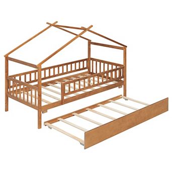 Merax Twin Size Wooden House Bed with Twin Size Trundle