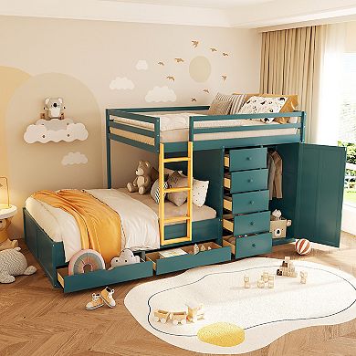 Merax Full Size Bunk Bed with 2 Large Drawers & 5 Small Drawers, MDF & Solid Wood Construction