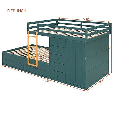 Merax Full Size Bunk Bed with 2 Large Drawers & 5 Small Drawers, MDF & Solid Wood Construction