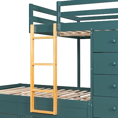Merax Full Size Bunk Bed with 2 Large Drawers & 5 Small Drawers, MDF & Solid Wood Construction