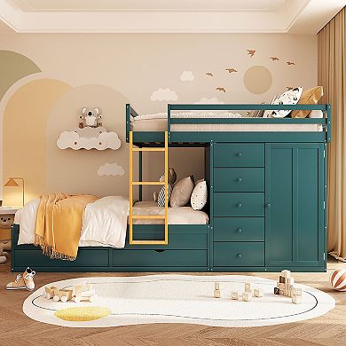 Merax Full Size Bunk Bed with 2 Large Drawers & 5 Small Drawers, MDF & Solid Wood Construction