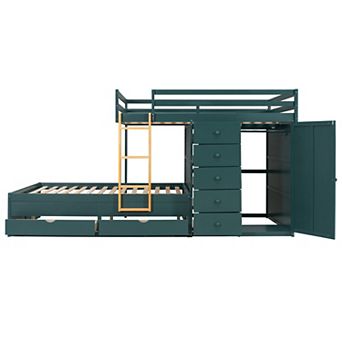 Merax Full Size Bunk Bed with 2 Large Drawers & 5 Small Drawers, MDF & Solid Wood Construction