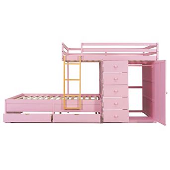 Merax Full Size Bunk Bed with 2 Large Drawers & 5 Small Drawers, MDF & Solid Wood Construction