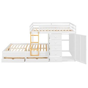 Merax Full Size Bunk Bed with 2 Large Drawers & 5 Small Drawers, MDF & Solid Wood Construction