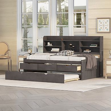 Merax Twin Size Wooden Captain Bed with Built-in Bookshelves