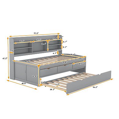 Merax Twin Size Wooden Captain Bed with Built-in Bookshelves