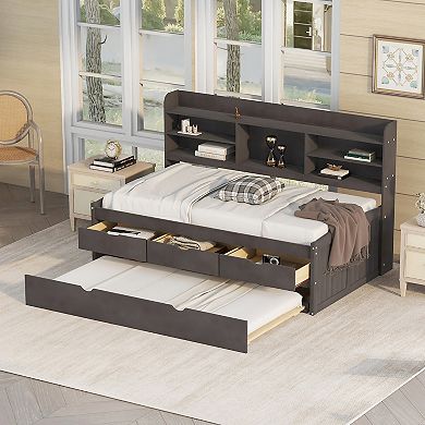 Merax Twin Size Wooden Captain Bed with Built-in Bookshelves