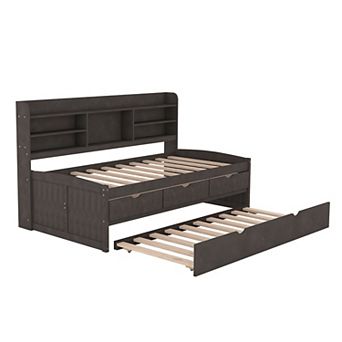 Merax Twin Size Wooden Captain Bed with Built-in Bookshelves