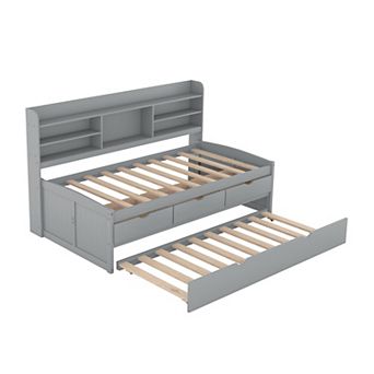 Merax Twin Size Wooden Captain Bed with Built-in Bookshelves