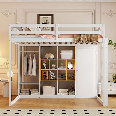 Merax Full Size Wood Loft Bed with Wardrobe, shelves and Cabinet