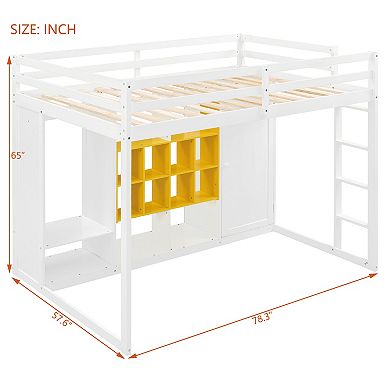 Merax Full Size Wood Loft Bed with Wardrobe, shelves and Cabinet