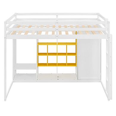 Merax Full Size Wood Loft Bed with Wardrobe, shelves and Cabinet