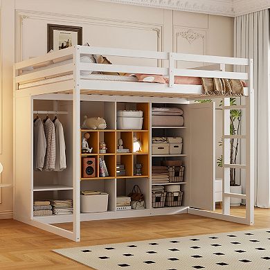 Merax Full Size Wood Loft Bed with Wardrobe, shelves and Cabinet