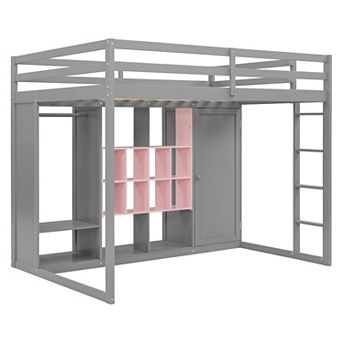 Merax Full Size Wood Loft Bed with Wardrobe, shelves and Cabinet