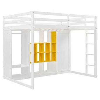 Merax Full Size Wood Loft Bed with Wardrobe, shelves and Cabinet