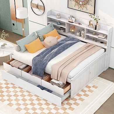 Merax Full Size Wooden Captain Bed with Built-in Bookshelves