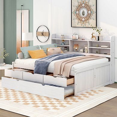 Merax Full Size Wooden Captain Bed with Built-in Bookshelves