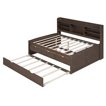 Merax Full Size Wooden Captain Bed with Built-in Bookshelves