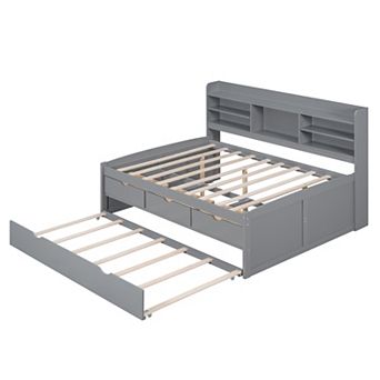 Merax Full Size Wooden Captain Bed with Built-in Bookshelves