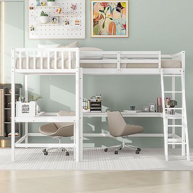 Merax Wood Twin Size L-Shaped Loft Bed with Ladder and 2 Built-in L-Shaped Desks