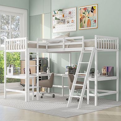 Merax Wood Twin Size L-Shaped Loft Bed with Ladder and 2 Built-in L-Shaped Desks