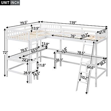 Merax Wood Twin Size L-Shaped Loft Bed with Ladder and 2 Built-in L-Shaped Desks
