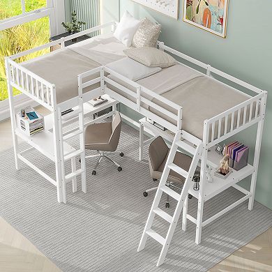 Merax Wood Twin Size L-Shaped Loft Bed with Ladder and 2 Built-in L-Shaped Desks
