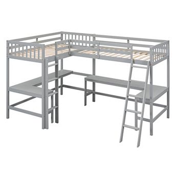Merax Wood Twin Size L-Shaped Loft Bed with Ladder and 2 Built-in L-Shaped Desks
